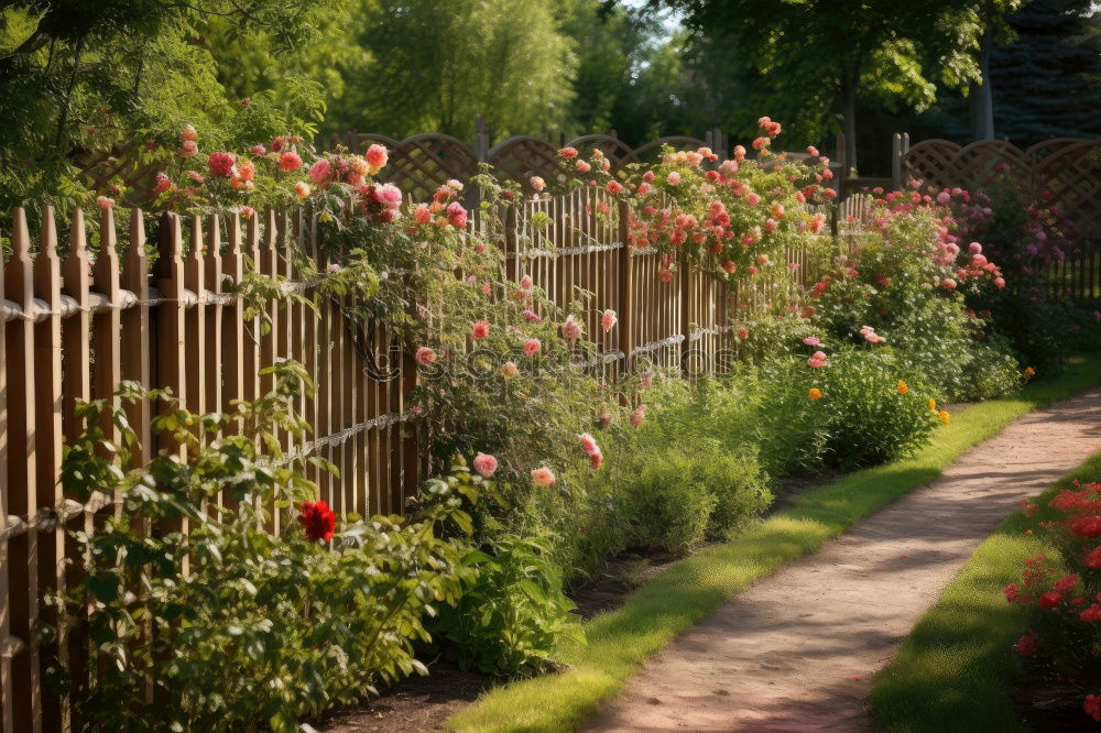 Similar – Mit Sträuchern und Blumen bewachsener Gartenzaun aus Holz