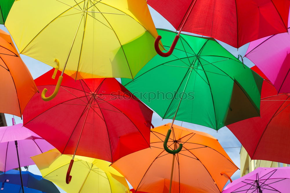 Similar – Rain on umbrella in rainbow colors under heavy rain against background of cloudy sky. Rainy weather concept.