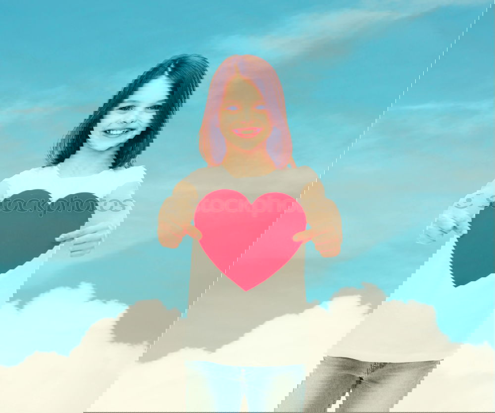 Similar – Image, Stock Photo smiling girl with a heart covering her lips on blue background