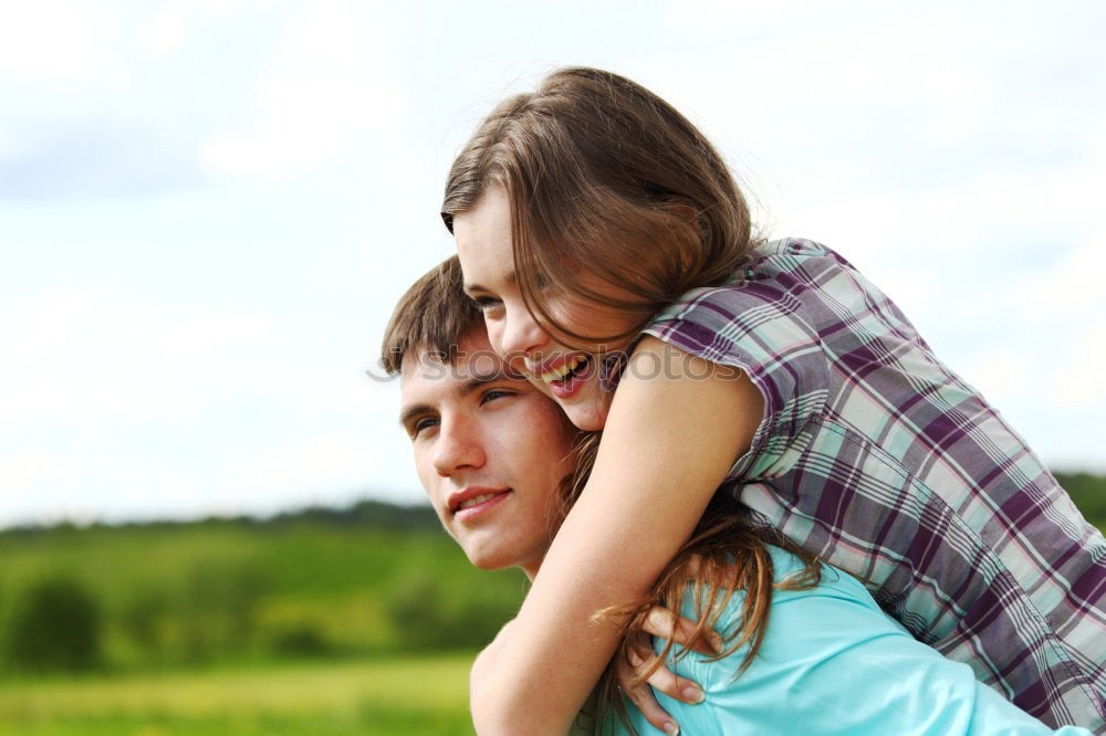 Similar – Image, Stock Photo happy father and daughter walking on summer meadow