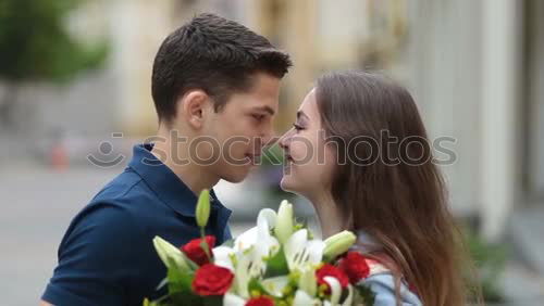 Similar – Image, Stock Photo Happy couple in love with a rose on the street