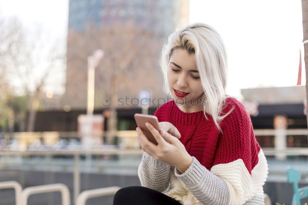 Similar – Image, Stock Photo Blonde young woman chatting outdoors