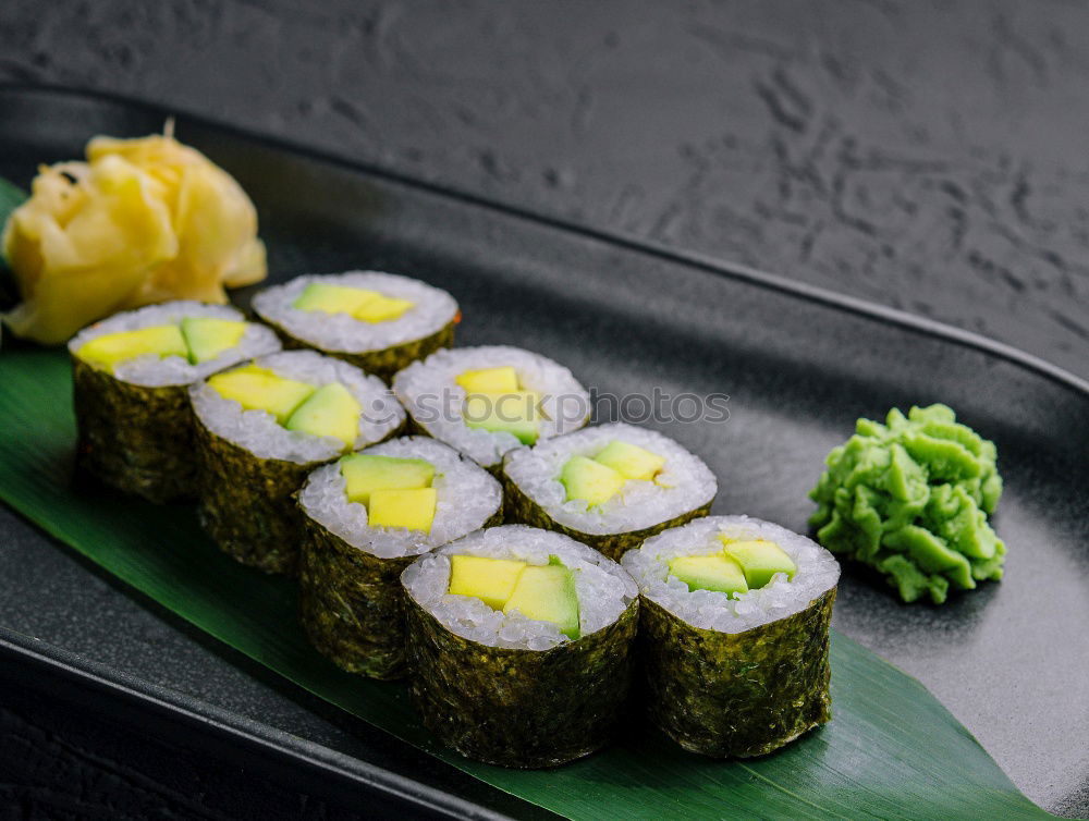 Similar – sushi assortment in white plate and soya sauce