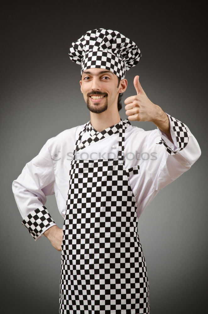 Grandfather With Grandson with cook hat and mustache on gray background