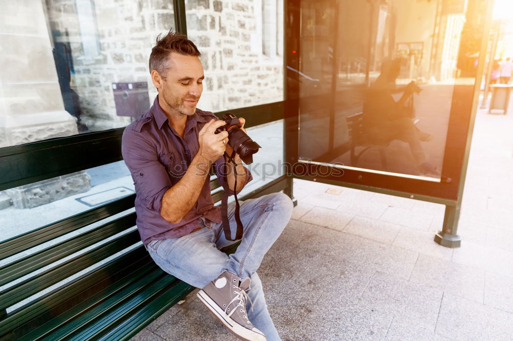 Similar – Image, Stock Photo Young man with mobile phone and fixed gear bicycle.