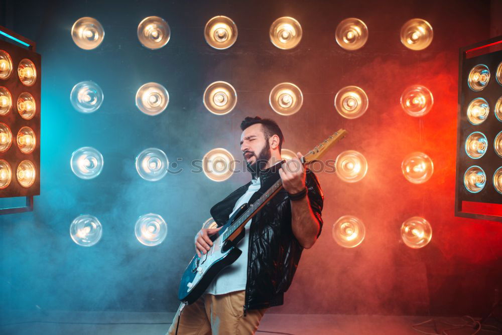 Image, Stock Photo outdoor photo session with a bass player and his instruments