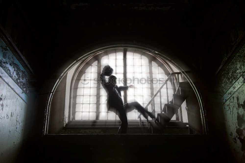 Similar – Image, Stock Photo Teenager poses in the old window of the abandoned building