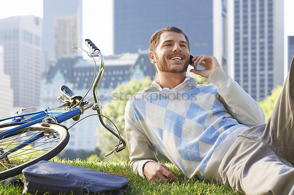 Image, Stock Photo Young man with mobile phone and fixed gear bicycle