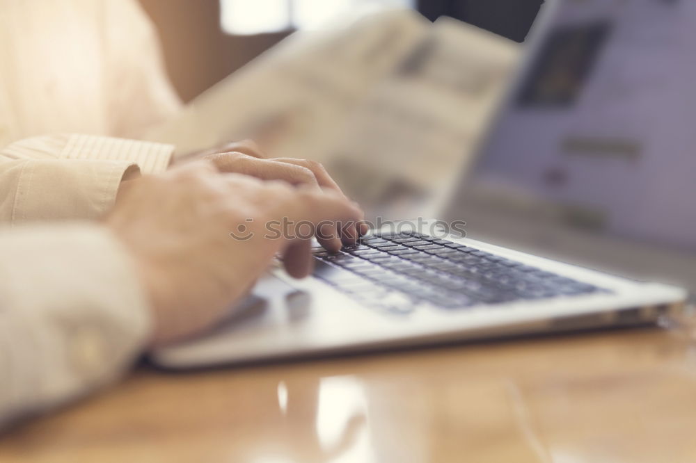 Similar – Image, Stock Photo Working with laptop, in office or at home, hands, fingers on keyboard, coffee cup