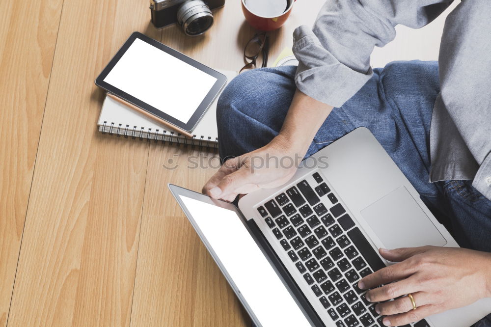 Similar – Foto Bild junge Studentin im Online-Semester mit Notebook und Kaffeetasse | corona thoughts