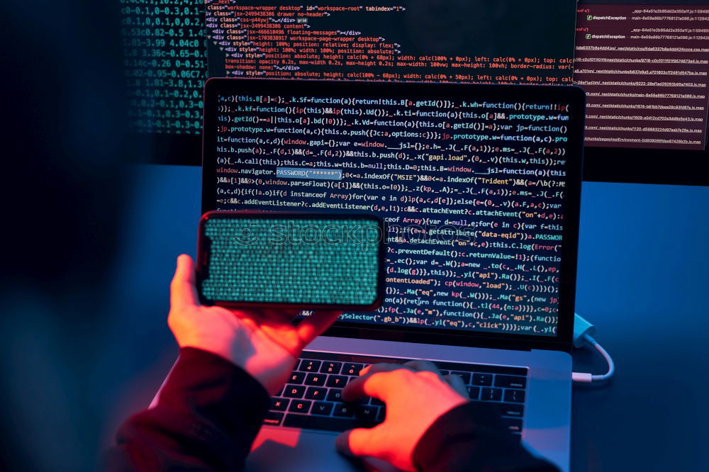 Similar – Man using computer and programming  to break code. Cyber security threat. Internet and network security. Stealing private information. Person using technology to steal password and private data