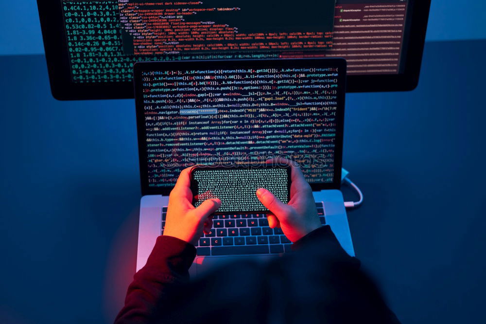 Man using computer and programming  to break code. Cyber security threat. Internet and network security. Stealing private information. Person using technology to steal password and private data