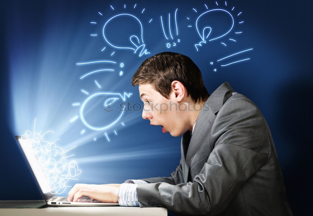 Similar – Image, Stock Photo Concept of social media chat. Single white adult man standing in front of a blackboard using his smart phone