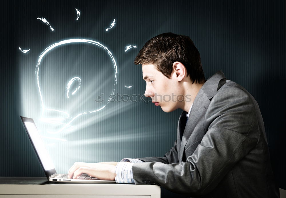 Similar – Image, Stock Photo Concept of social media chat. Single white adult man standing in front of a blackboard using his smart phone