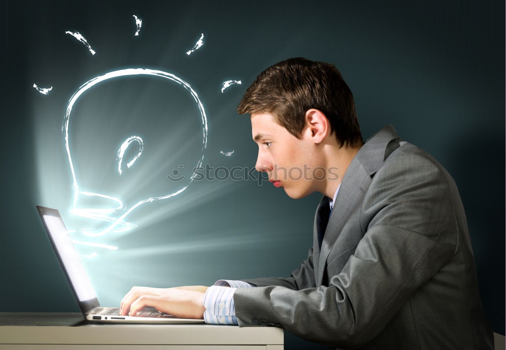 Similar – Image, Stock Photo Concept of social media chat. Single white adult man standing in front of a blackboard using his smart phone