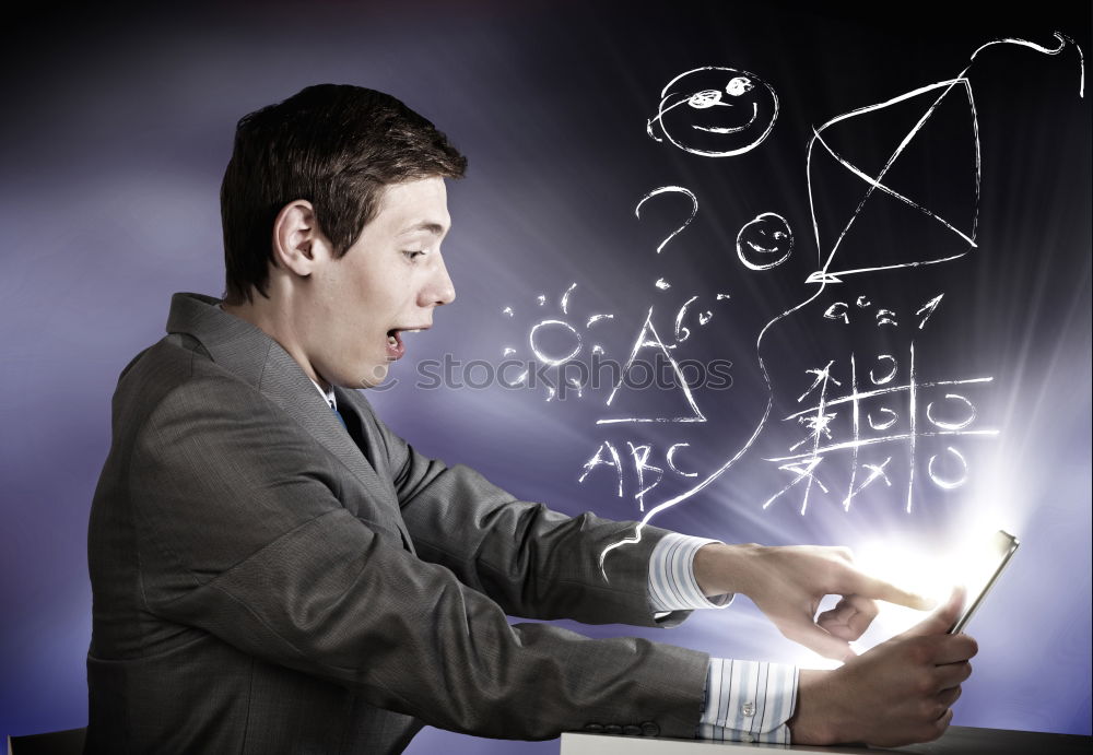 Image, Stock Photo Concept of social media chat. Single white adult man standing in front of a blackboard using his smart phone