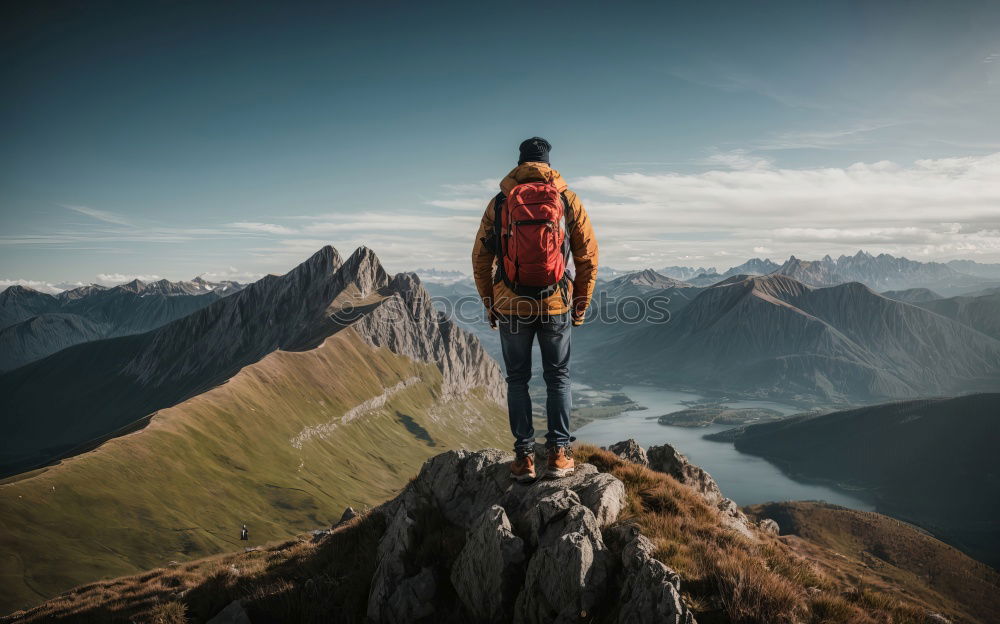 Similar – Image, Stock Photo Boy standing among the dwarf pines on mountain trail