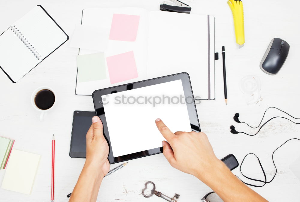 Similar – office wooden desk with pc keyboard and other supplies