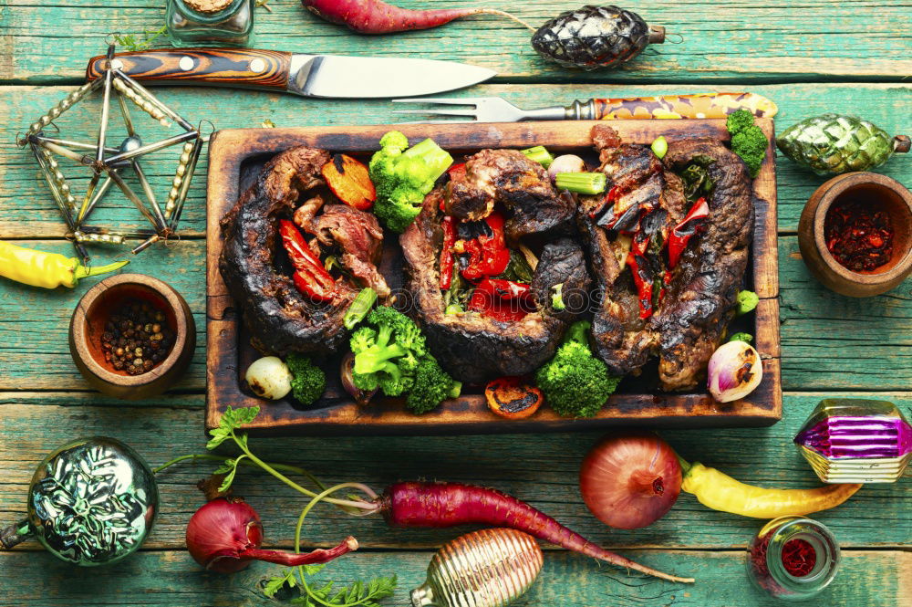 Similar – Image, Stock Photo Meat skewers with vegetables for grilling