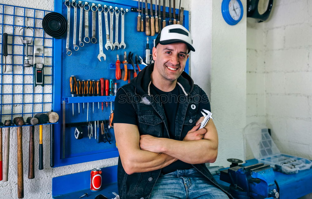 Image, Stock Photo Motorcycles mechanic resting having a beer