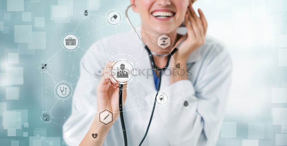 Similar – Image, Stock Photo Female therapist in white robe tying bandana of medical uniform