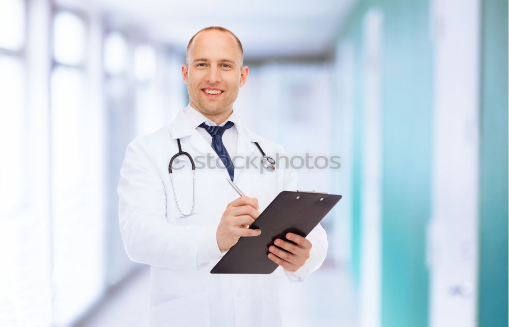 Image, Stock Photo Beautiful doctor writting on cellphone at hospital