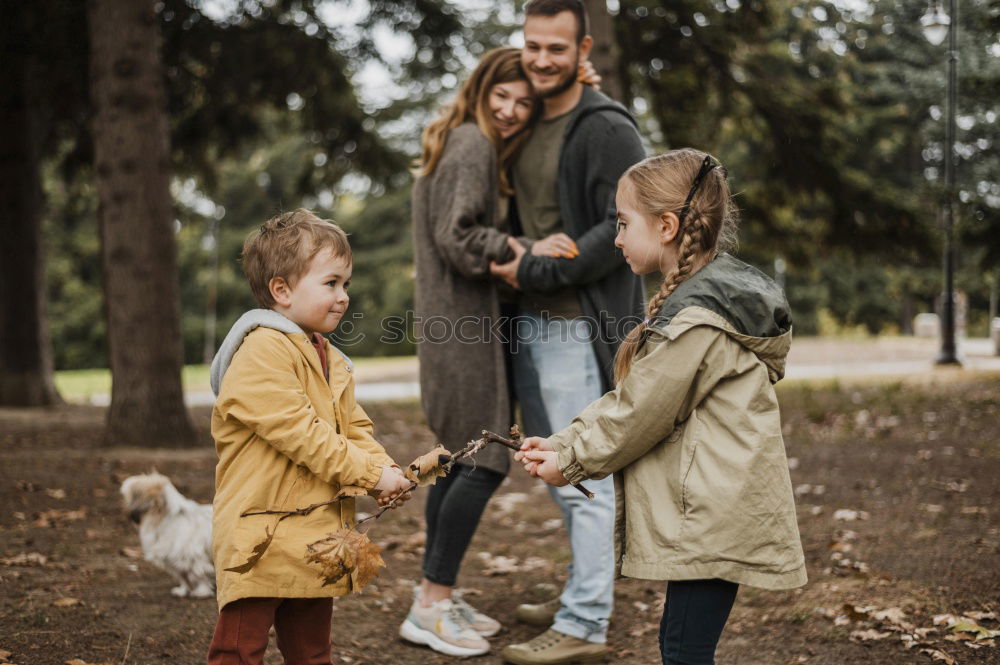 Image, Stock Photo Portrait of happy family enjoying together leisure over a wooden pathway into the forest