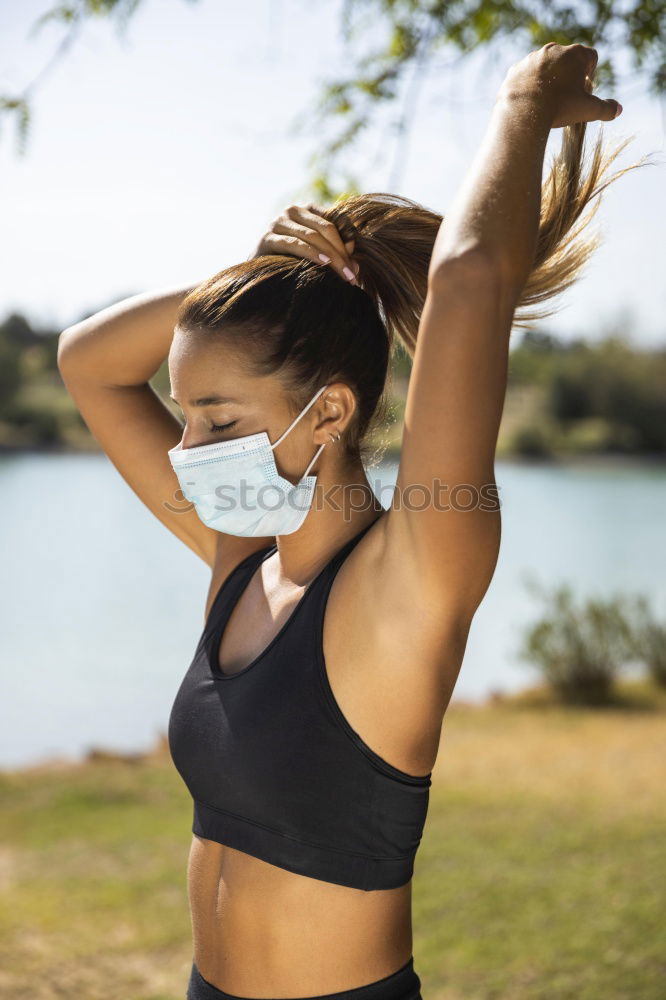 Similar – Image, Stock Photo Slim athletic woman jogging by the lake