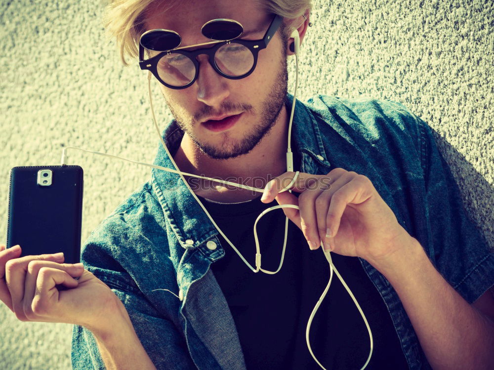 Image, Stock Photo Woman using smartphone sending emojis.