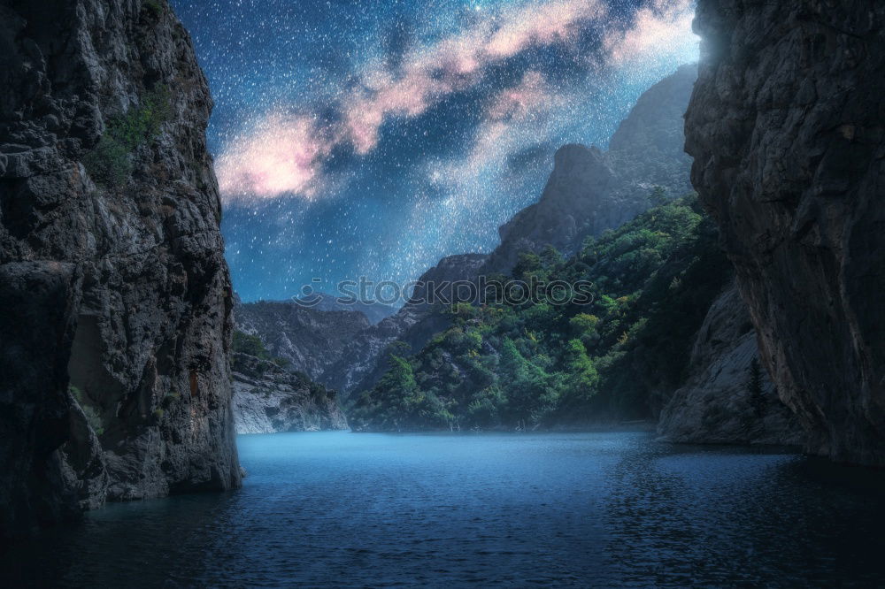 Image, Stock Photo Gray rocky mountains and lake