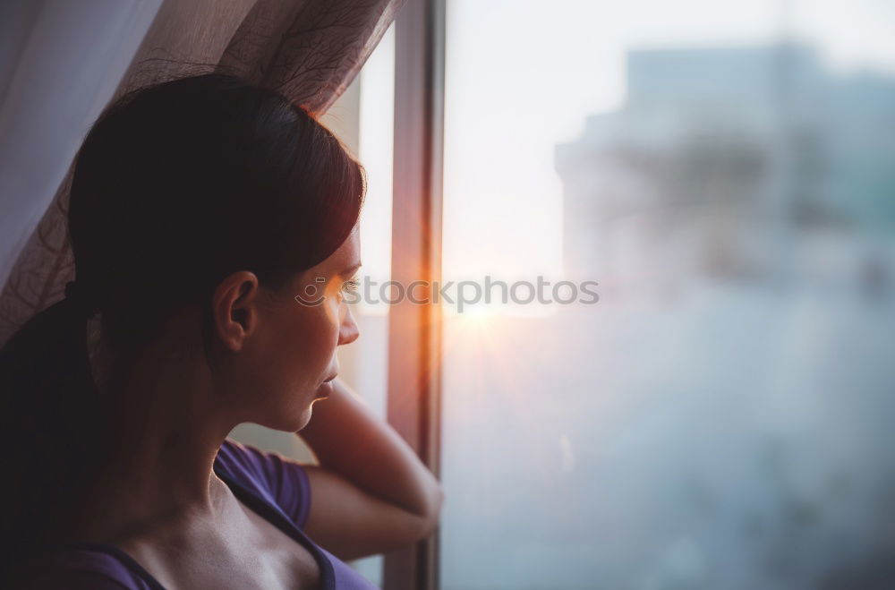 Similar – Image, Stock Photo Thoughtful blonde woman at window