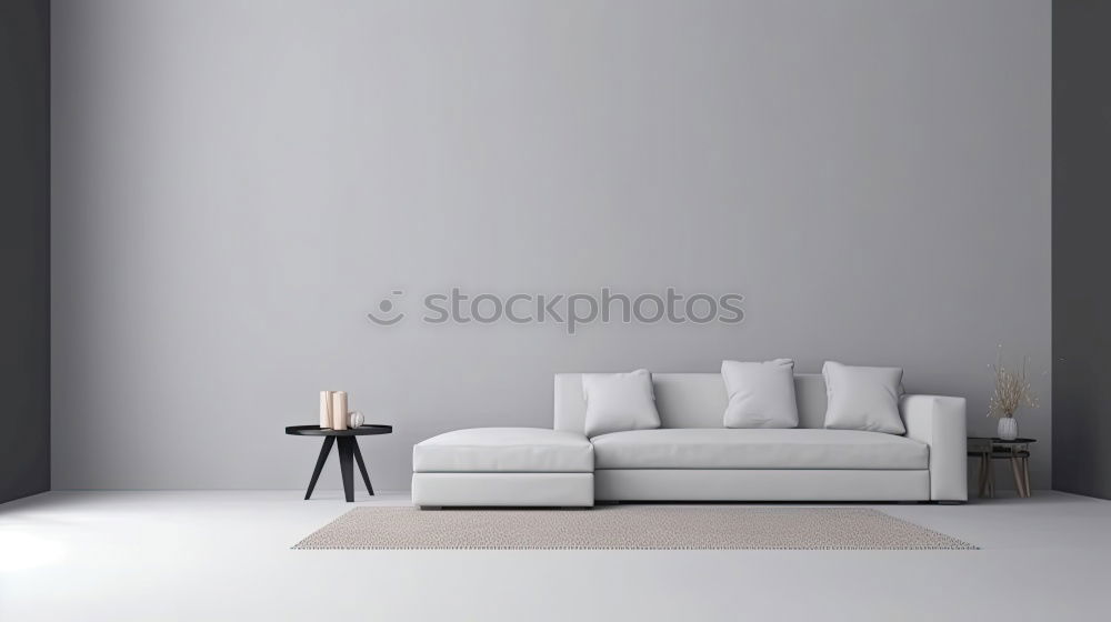 Similar – Stilvolle minimalistische Einrichtung des Wohnzimmers in Grau. Sofa mit Plaid, Stehlampe, beige Teppich und Mockup weißen Rahmen an der Wand