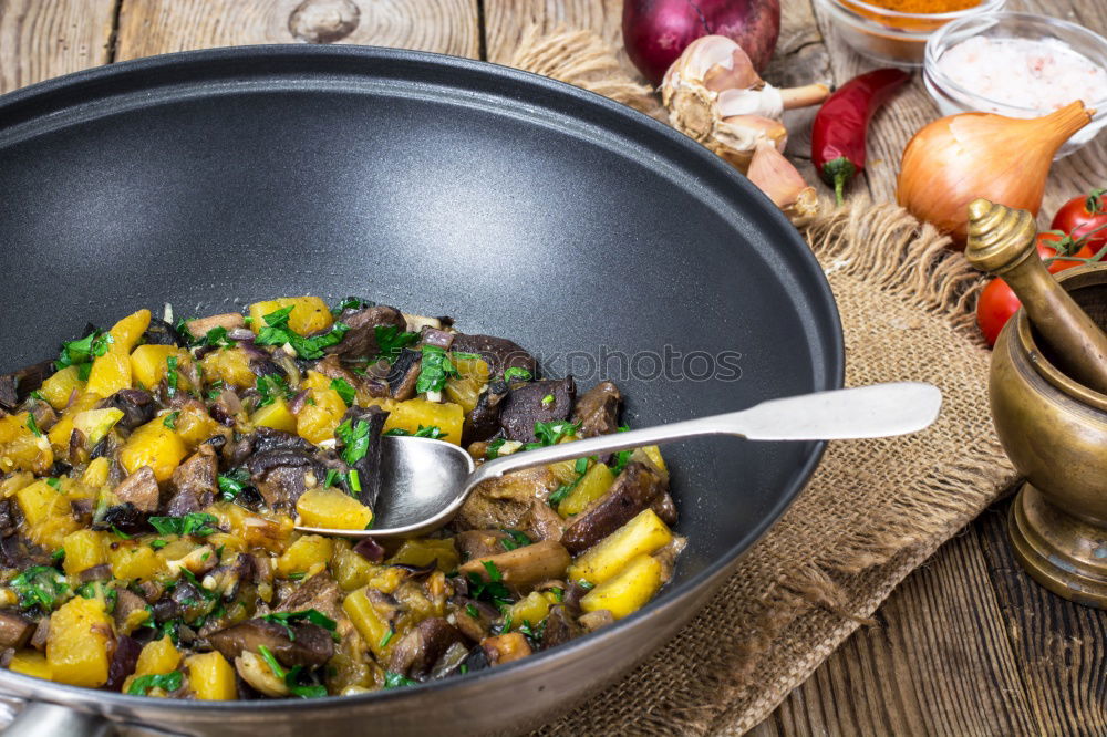 Similar – Image, Stock Photo Pan with gnocchi, spinach and vegetables