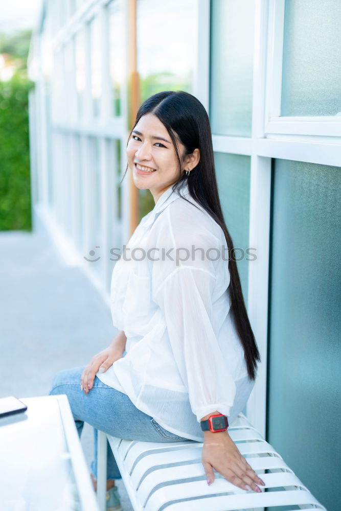 Similar – Image, Stock Photo Happy young woman seating in a restaurant