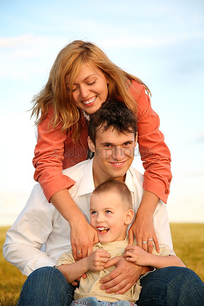 Similar – Image, Stock Photo happy father and daughter walking on summer meadow