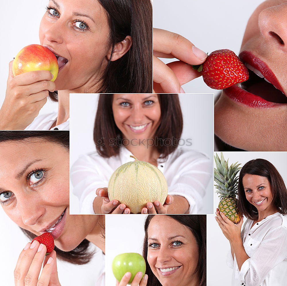 Similar – Not so young woman finally biting in watermelon