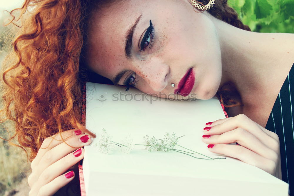 Similar – Image, Stock Photo Young redhead woman sleeping in a field of flowers