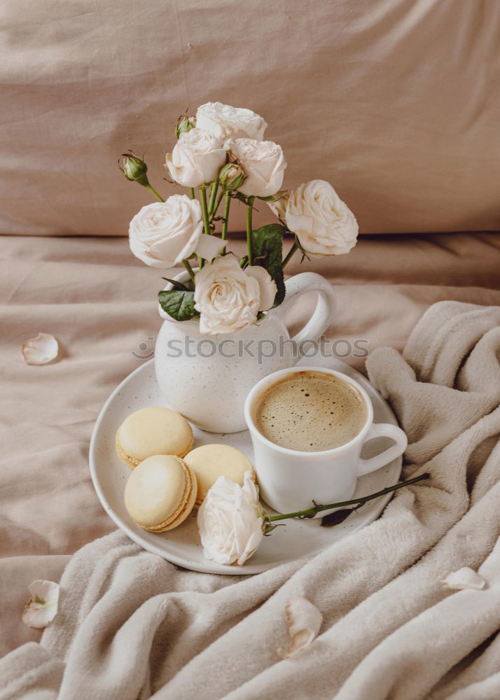 Similar – Image, Stock Photo Flatlay of wooden tray with cup of coffee, peaches, creamer