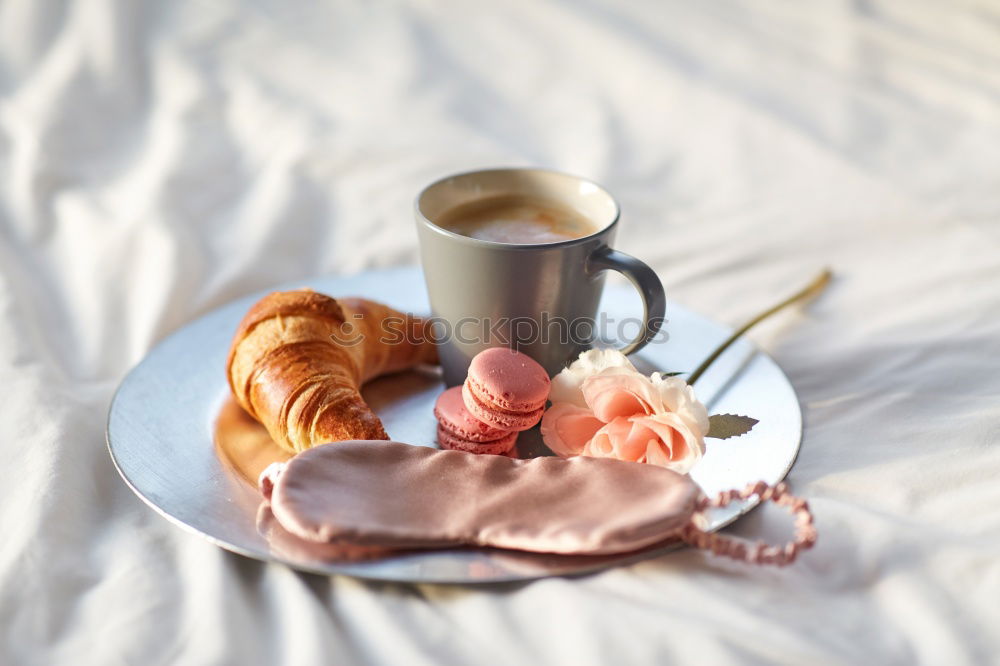 Similar – Image, Stock Photo Flatlay of wooden tray with cup of coffee, peaches, creamer