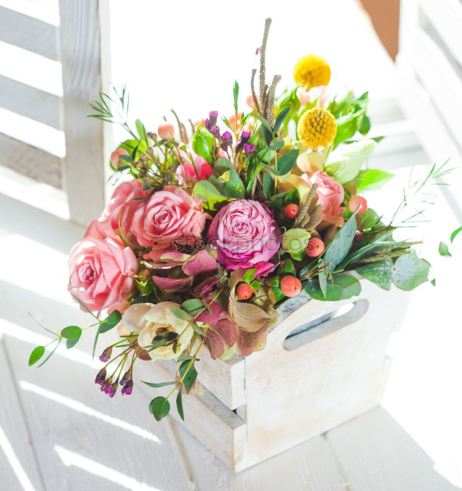 Similar – Image, Stock Photo Glass vase with colorful flowers on table