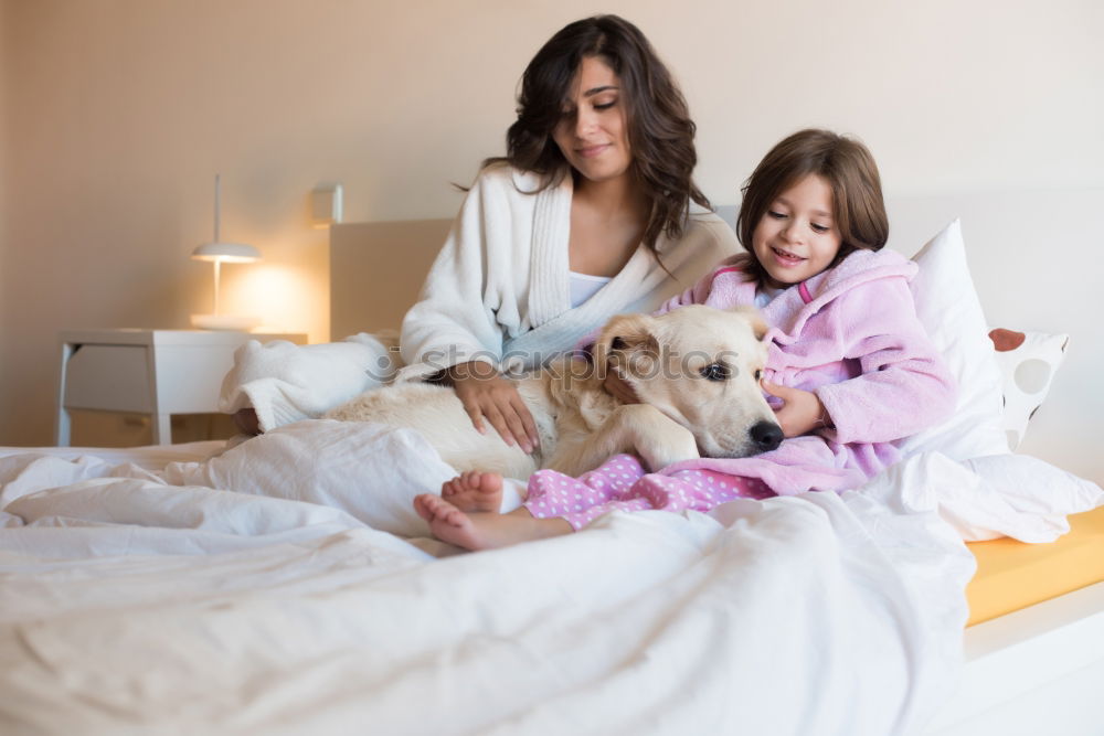 Similar – Couple relaxed at home in bed with their little daughter and the dog