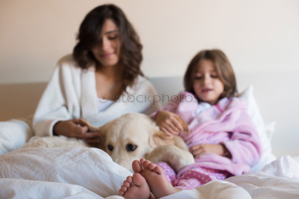 Similar – Couple relaxed at home in bed with their little daughter and the dog