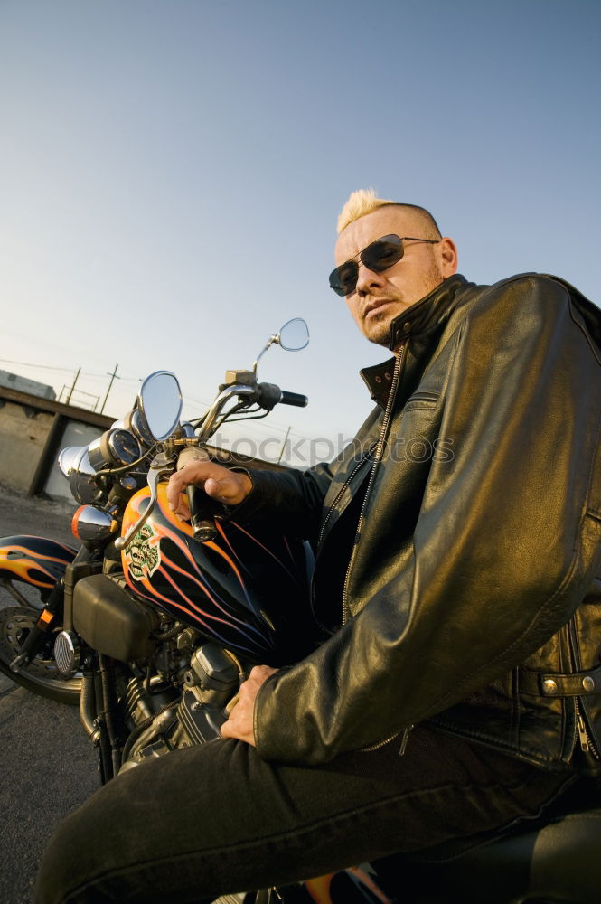 Similar – Image, Stock Photo Biker taking motorbike to the garage