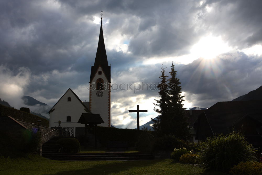 Image, Stock Photo Target reached. The small church looks out from behind a wall. Hike to the Lauberberg country inn with church. Franconia.