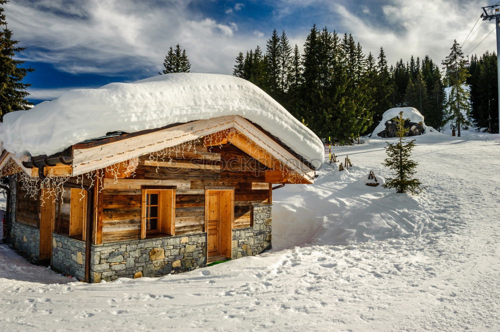 Similar – Image, Stock Photo morning sunrise over cabin in winter alpine forest and snow