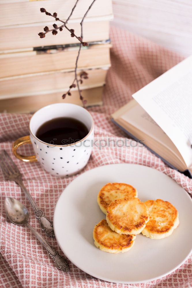 Similar – Image, Stock Photo A few books with cup of coffee and cookies on wooden floor