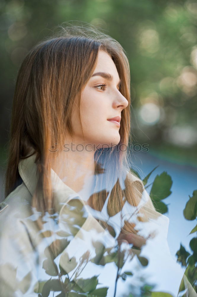 Similar – Image, Stock Photo Young brunette woman next to a plant at home