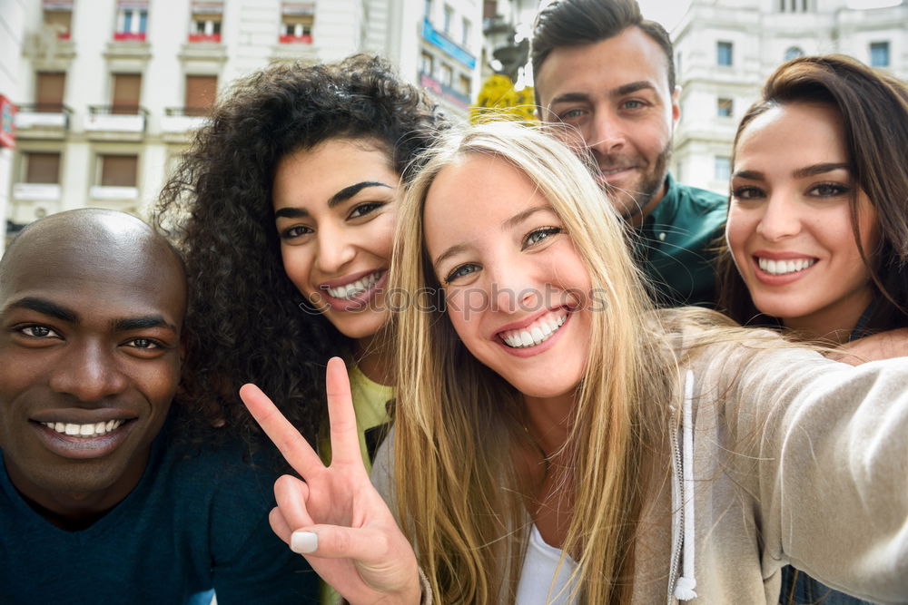 Image, Stock Photo Multiracial group of friends taking selfie in a urban street with a blonde woman in foreground