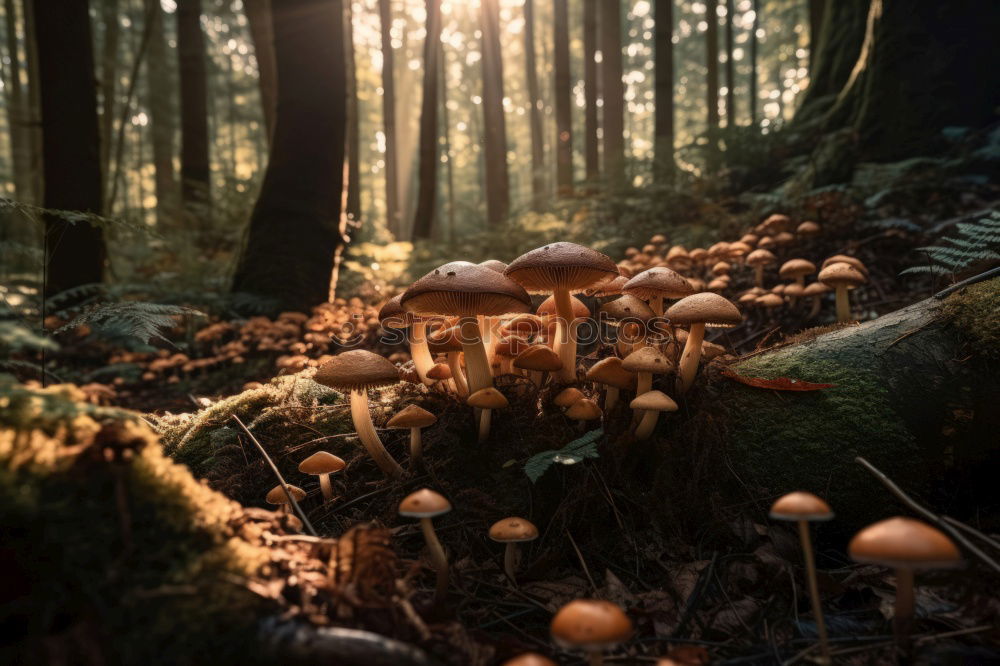 Image, Stock Photo Upside-down world /Pale mushrooms found in the forest on brown leaves, end of December.