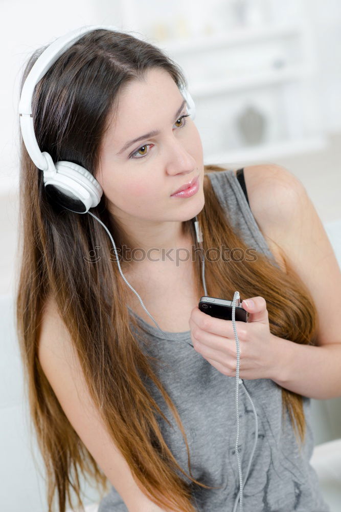 Image, Stock Photo young woman listening to music with wireless bluetooth headphones and mobile smart phone